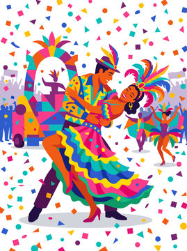 Vibrant couple dancing joyfully amidst colorful confetti and parade floats