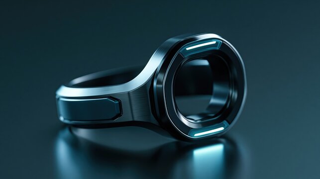 Futuristic smart ring with glowing blue accents and brushed metal finish