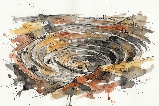 Watercolor illustration of an open-pit mine with circular layers, heavy machinery working on the slopes, and a distant landscape in the background