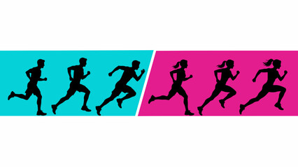 Obraz premium Silhouettes of male and female runners in motion on colorful background