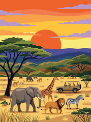 Fototapeta premium African safari adventure with diverse wildlife and tourists at sunset