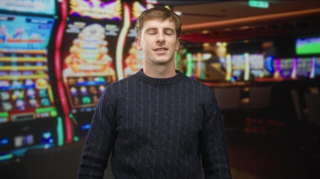 Man with eyes closed smiling before a slot machine in a building, wearing a dark knit sweater near rows of neon lit machines; calm luck reflection.