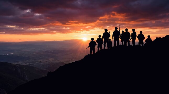silhouettes of military squad standing on mountain ridge at dramatic sunset. armed soldiers holding rifles against colorful sky. army heroes and veterans concept. copyspace, banner, website header.