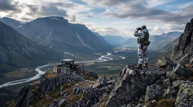 caucasian soldier in winter camouflage looking through binoculars on rocky mountain peak. military reconnaissance, border patrol outpost in vast valley. copyspace, banner, website header.
