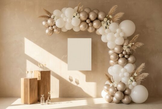 Decorative balloon arch in neutral tones with white and gold balloons, wooden pedestals, and empty canvas for event decoration in a bright indoor setting