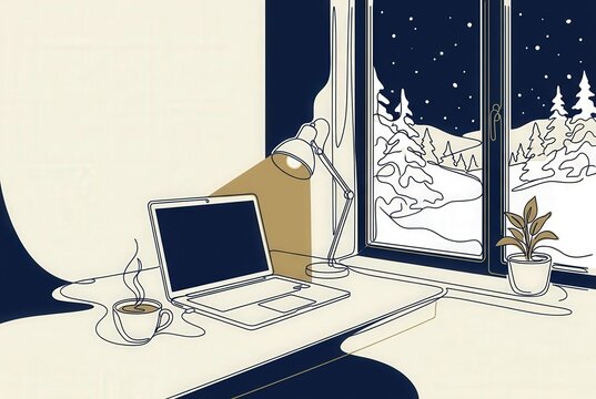 Minimalist illustration of a workspace featuring a laptop, coffee cup, and potted plant beside a window with a winter landscape and snow-covered trees outside
