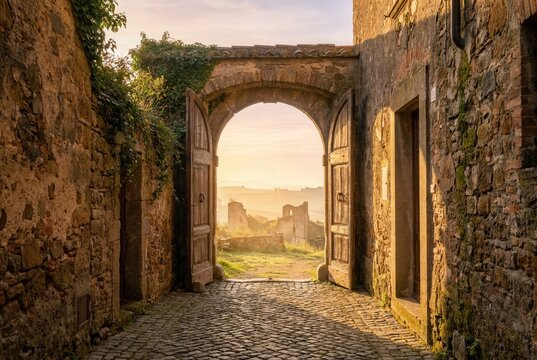 Stone archway with wooden doors leading to a scenic view of rolling hills and ruins at sunrise, surrounded by rustic buildings and cobblestone pathway