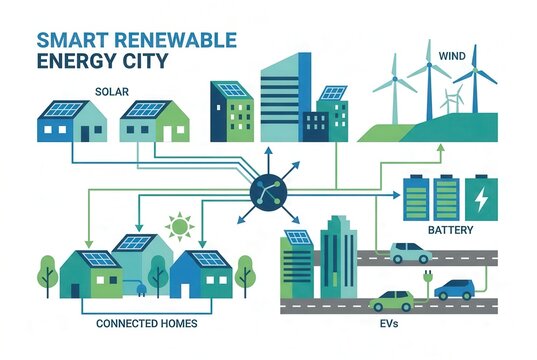 Smart renewable energy city illustration featuring solar panels, wind turbines, electric vehicles, and connected homes with a central battery system for sustainable energy management