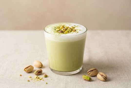 Green pistachio drink topped with crushed nuts in a clear glass on a light fabric surface, with whole pistachios scattered nearby