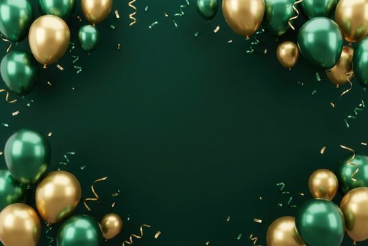 Green and gold balloons with confetti arranged in a decorative border on a dark green background, suitable for celebrations and festive occasions