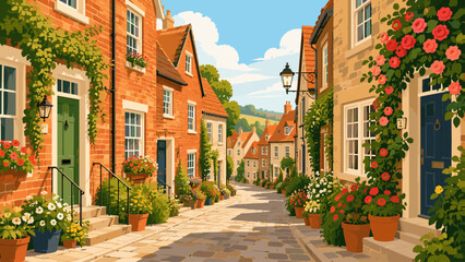 Naklejka premium Charming European village street lined with brick houses and blooming flowers