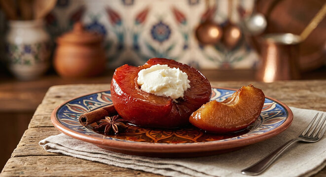 Ayva tatlısı quince dessert clotted cream slice, Turkish quince dessert with kaymak clotted cream