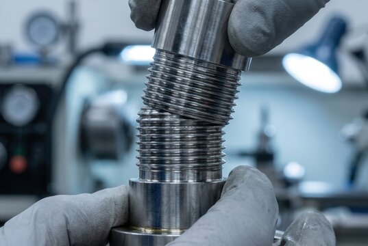 Close-up of technician's hands assembling metal components with threaded sections in a workshop, machinery and tools visible in the blurred background