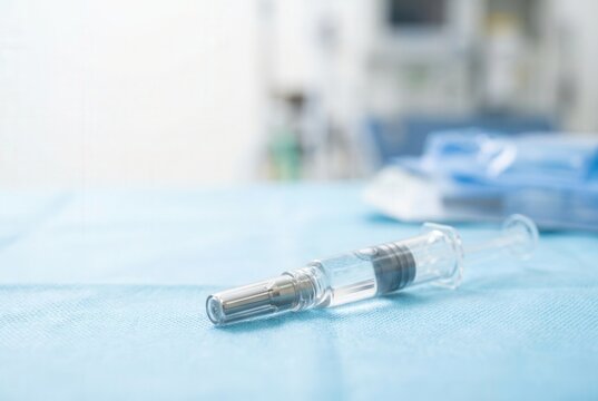 Medical syringe placed on a blue surgical drape in a clinical setting with blurred medical equipment visible in the background