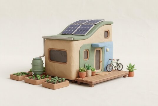 Miniature clay house model with solar panels, bicycle, and potted plants on wooden deck, showcasing eco-friendly design and sustainable living elements
