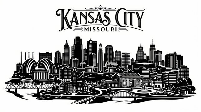 Highly detailed Kansas City, Missouri skyline silhouette featuring Liberty Memorial, Union Station, Kauffman Center-inspired architecture, iconic bridges, fountains and elegant KANSAS CITY lettering.