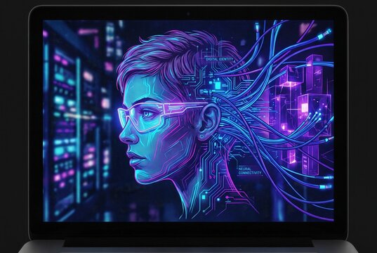 Digital illustration of a futuristic female figure with glasses, surrounded by vibrant circuitry and data streams on a laptop screen, symbolizing technology and connectivity