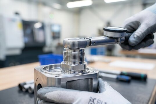 Technician using torque wrench to measure tightness on metal component in precision engineering workshop with machinery and tools in the background