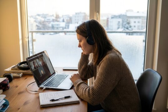 Young woman with brown hair wearing headphones participates in a video conference on a laptop at a wooden desk with a notebook and pen, city view visible through the window