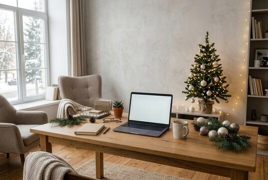 Cozy home office setup with a laptop on a wooden table, decorated Christmas tree in the background, and comfortable armchairs beside a window with natural light