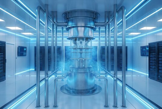 Futuristic quantum computer with metallic structure and glowing blue lights inside a high-tech data center featuring server racks and digital displays