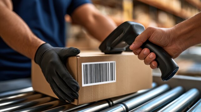 Warehouse worker scans barcode on package with handheld reader, ideal for logistics and shipping industry concepts.