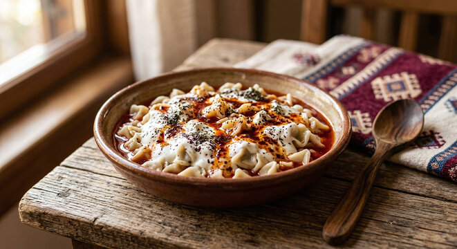 Manti dumplings garlic yogurt paprika butter spoon, Turkish manti tiny dumplings yogurt sauce side shot