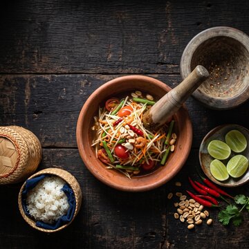 Traditional Isan som tam green papaya salad with sticky rice and lime