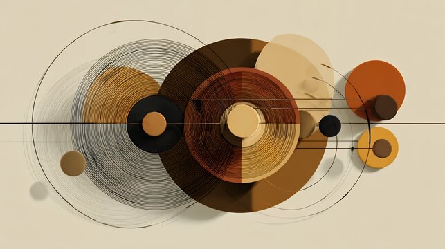 Modern 3d abstract composition featuring retro colored geometric circles and vinyl textures for contemporary graphic design backgrounds