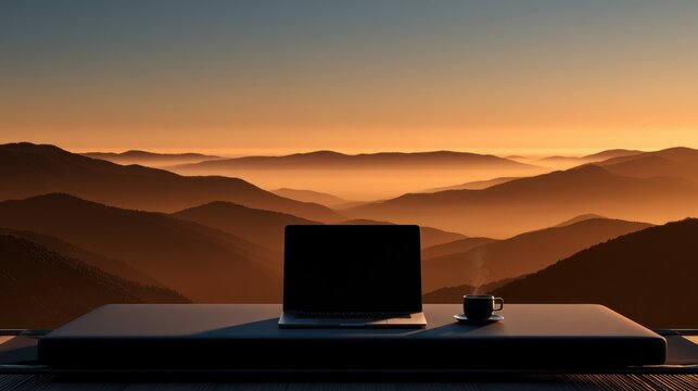 Modern laptop and steaming coffee on a camping cot overlooking misty mountain sunrise, capturing tranquility and remote work potential.