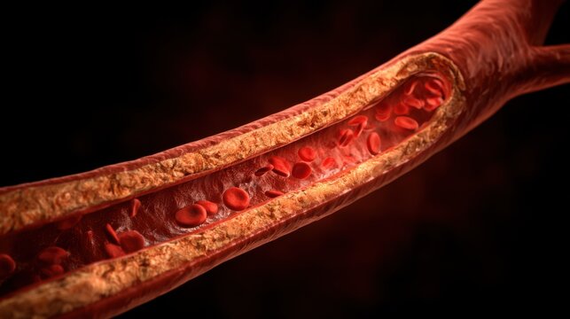 Detailed 3D illustration of a blood vessel with plaque, showing red blood cells and arterial plaque buildup, suitable for medical and educational use.