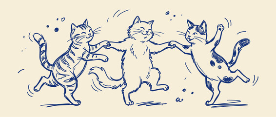 Fototapeta premium Three happy cats dancing together in a circle, sketched in blue ink