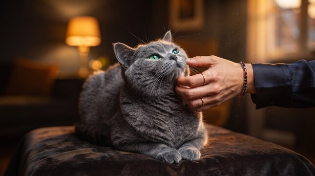 Owner Petting Gray British Shorthair Cat in Cozy Living Room