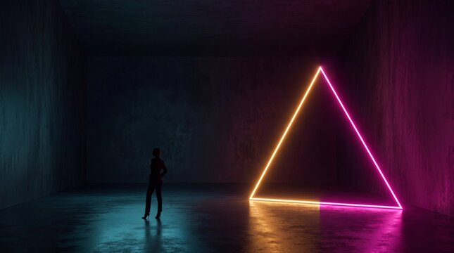 Silhouette of Woman Near Glowing Neon Triangle in Dark Room