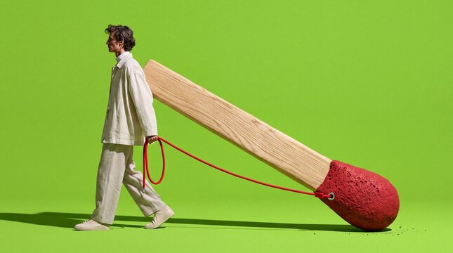 Man Dragging Giant Wooden Matchstick on Green Background