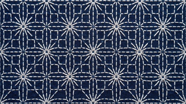 Traditional Japanese Sashiko Embroidery Pattern on Indigo Fabric