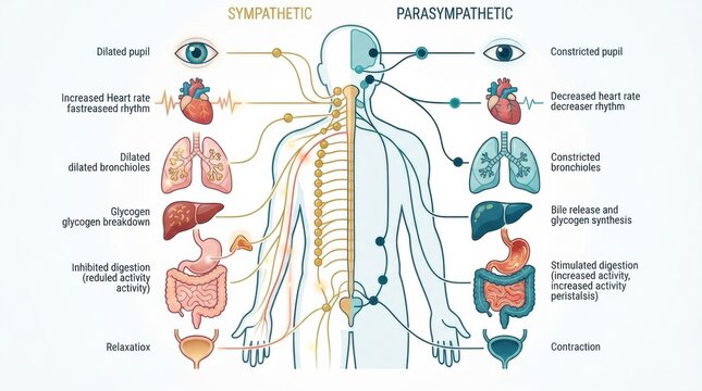 The diagram shows the effects of the sympathetic and parasympathetic systems on various organs in the human body.