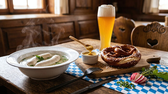 Bavarian weisswurst sweet mustard pretzel beer, Traditional Bavarian white sausage with pretzel