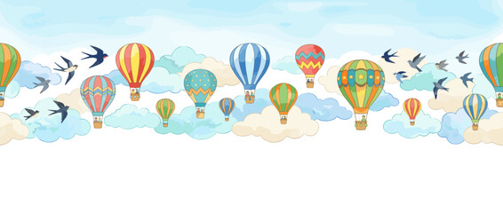 Fototapeta premium Whimsical hot air balloons and birds flying in a watercolor sky