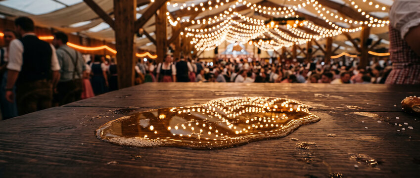 Spill of beer on a wooden table at a crowded Oktoberfest celebration. Traditional festival tent with people, string lights, and lively German beer culture creating an atmospheric nightlife scene.