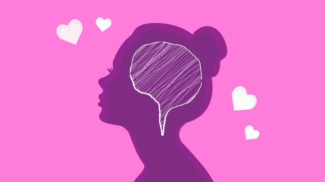 Woman Silhouette with Emotional Thoughts, Love, and Relationship Feelings, Represented by Brain and Heart Illustration, Colorful Motion Graphic for Psychology, Emotions, Dating, and Inner Conflict.