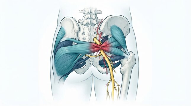 Illustration shows detailed structures of peripheral nerve anatomy including nerve plexus and spinal nerves in the lower body area.