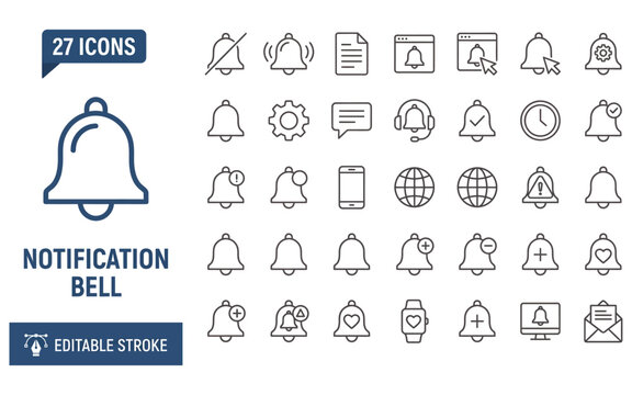 Notification bell line icon set with editable stroke feature for interface design and alert systems.