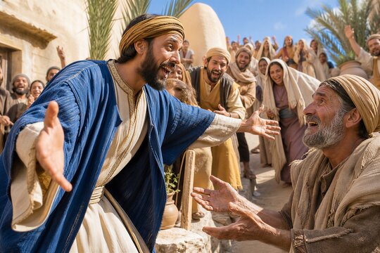 Compassionate Servant Inviting Poor and Lame Guests to a Grand Biblical Banquet in Ancient Near East