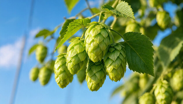 Vibrant Green Hop Cones Against Bright Blue Sky