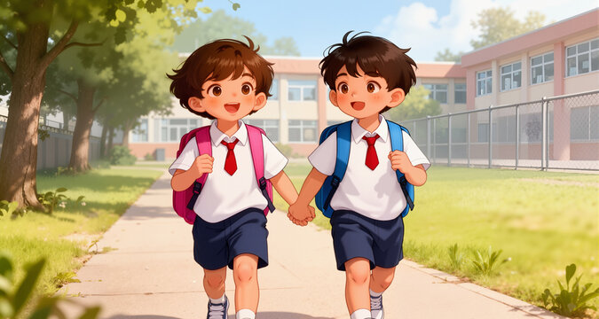 Two little kids going to school together
