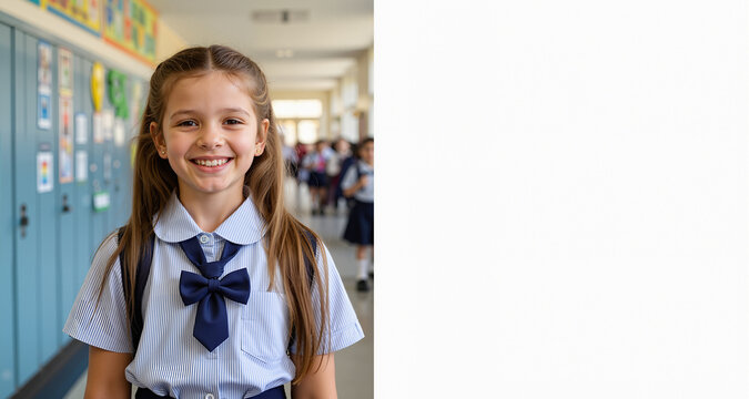 Portrait of smiling cacuasian schoolgirl in elementary school corridor, with copy space
