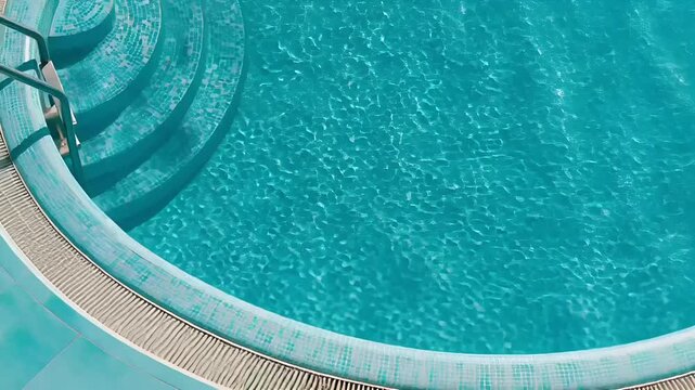 Summer hot vibe lifestyle. A topdown view of a swimming pool reveals a vibrant turquoise pool with clear, rippled water. The pools edge is lined with a series of steps, each with a sleek.