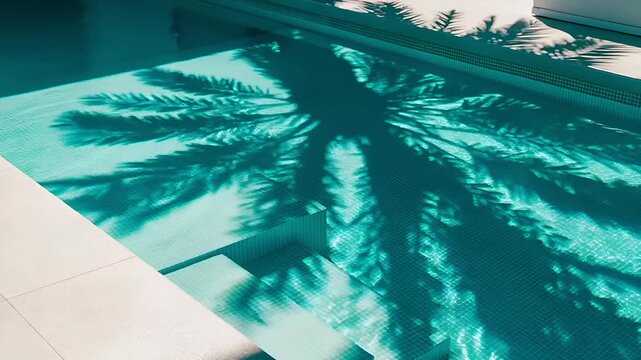 Summer hot vibe lifestyle. A vivid, highresolution photograph of an indoor swimming pool. The pools surface reflects the surrounding environment, creating a mesmerizing pattern of palm fronds.