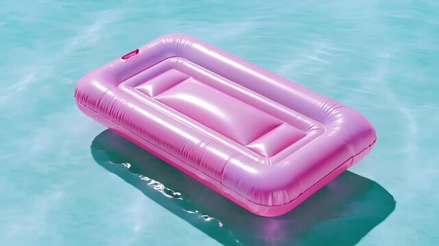 Summer hot vibe lifestyle. A vivid, topdown view of a pool scene shows a pink inflatable pool float floating on the waters surface. The float has a rectangular shape with a raised edge and a small.